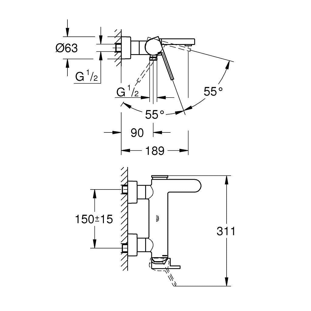 Стенен смесител за вана/душ Grohe Plus – технически чертеж с размери, монтажни отвори G1/2, височина 311 мм, KERANOVA онлайн магазин