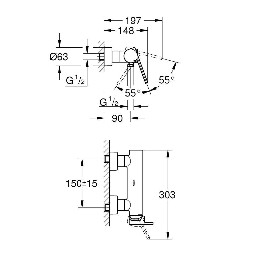 Стенен смесител за душ Grohe Plus - технически чертеж с размери, монтаж G1/2, 150±15 мм разстояние между присъединяванията, хром (KERANOVA)
