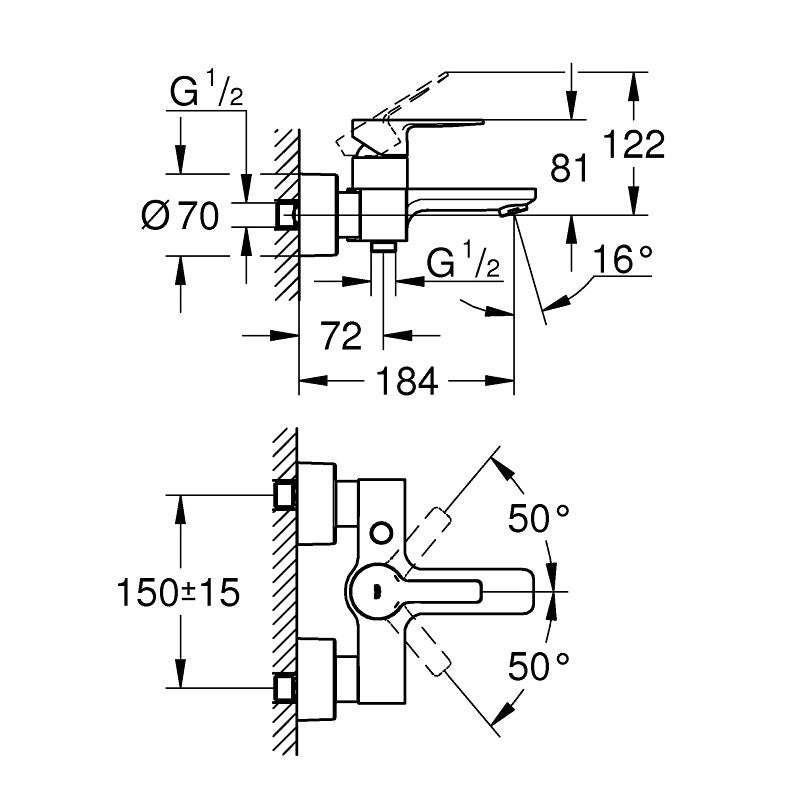 Схема с размери и монтаж на стенен смесител за вана/душ Lineare – технически чертеж за онлайн магазин KERANOVA