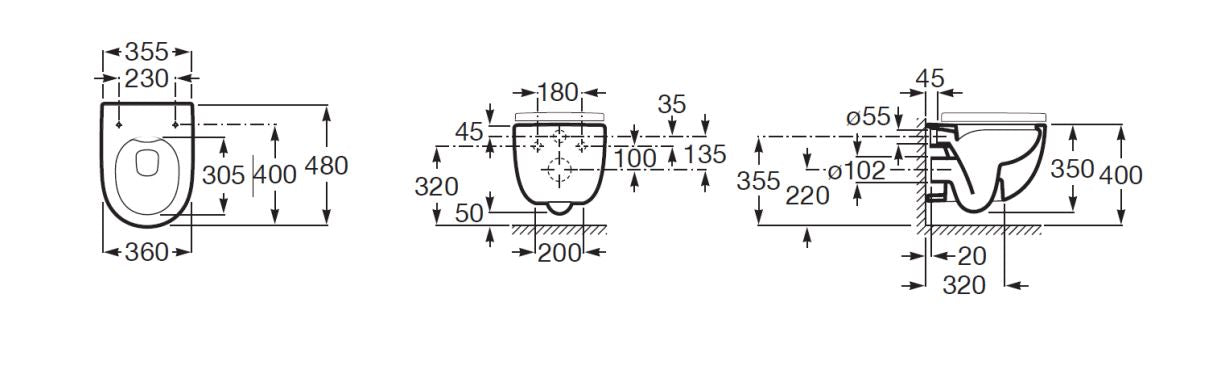 Комплект Duplo + Meridian Rimless 48 см. - Roca технически чертеж с размери за монтаж, KERANOVA онлайн магазин