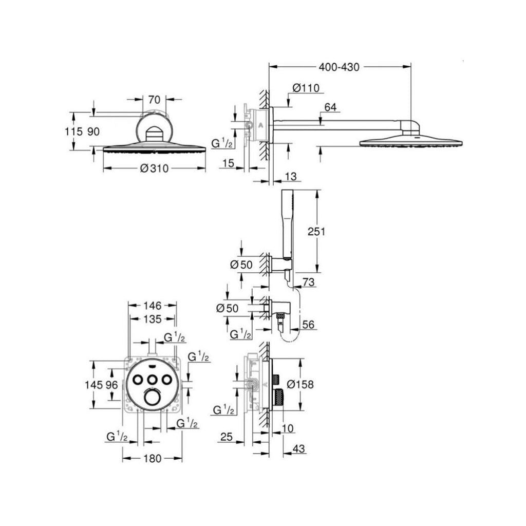 Вграден комплект Smart Control 3 - технически скиц с размери за душ глава Rainshower и вграждане, онлайн магазин KERANOVA
