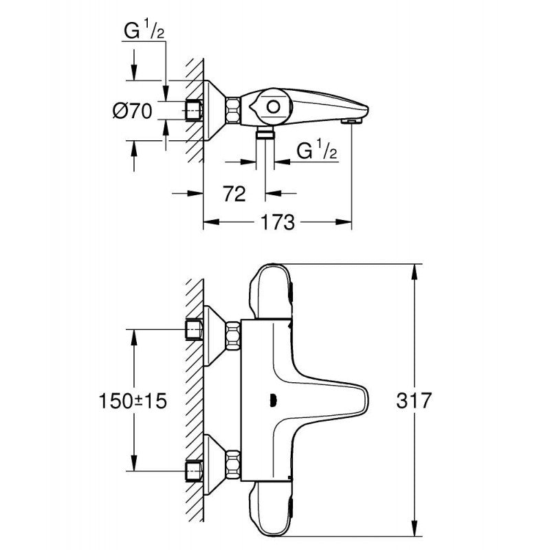 Термостатичен смесител за вана/душ Grohe GRT 1000 Matt Black технически чертеж с размери 150±15 мм, 173 мм, 317 мм – KERANOVA онлайн магазин