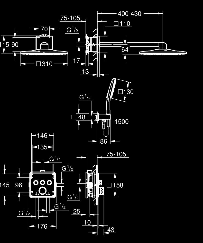 Вграден комплект Grohe SmartControl 310 Cube - технически чертеж с размери и монтажни детайли за душова система KERANOVA