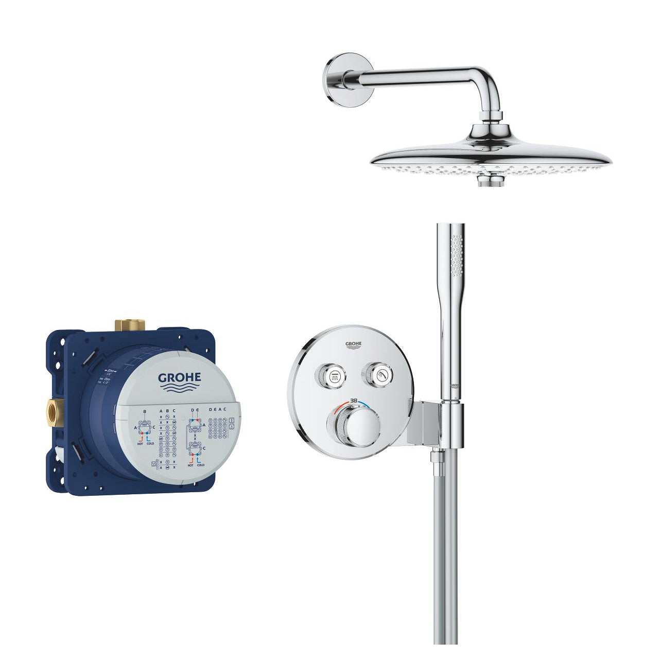 Вграден комплект Grohe SmartControl Euphoria 260 – хром комплект душ глава, държач, ръчен душ и Rapido SmartBox за баня KERANOVA
