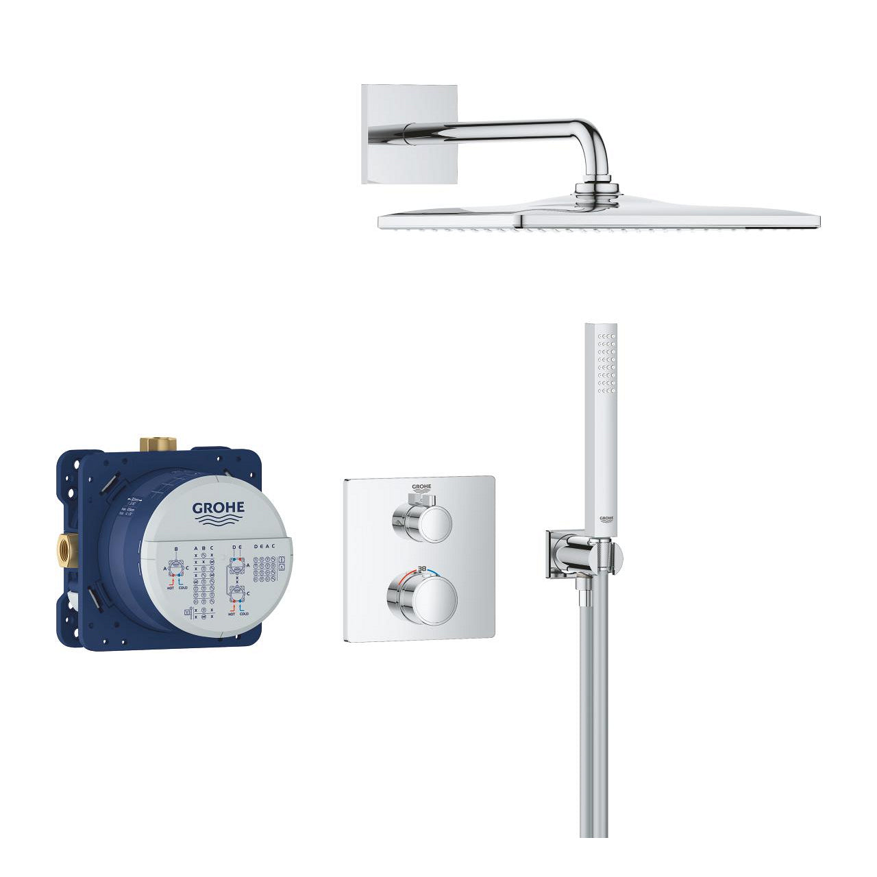 Вграден комплект Grohe Grohtherm душ комплект с Rainshower Mono 310 Cube, Rapido SmartBox и Euphoria Cube Stick - KERANOVA