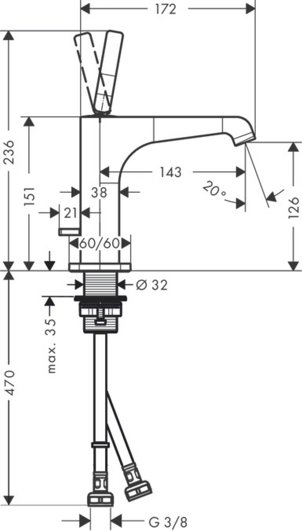 Смесител за мивка Axor Citterio E хром, технически чертеж с размери и свързващи тръби за онлайн магазин KERANOVA