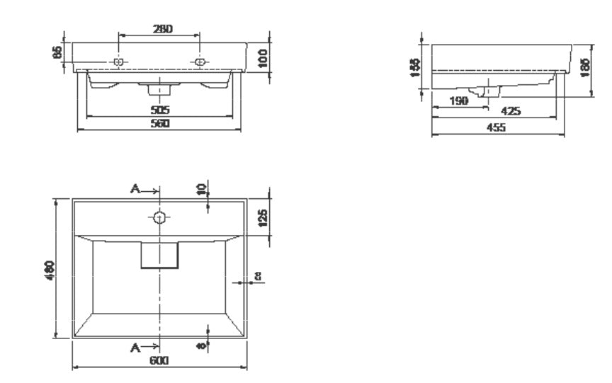 Alt Tag: Мивка Sharp 60х48 см. - технически чертеж на мивка Sharp 60х48 см. за монтаж върху мебел или стена, онлайн магазин KERANOVA