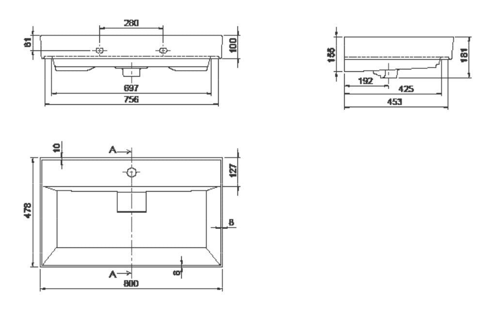 Мивка Sharp 80х48 см. технически чертеж и размери за монтаж върху мебел или стенен монтаж - онлайн магазин KERANOVA