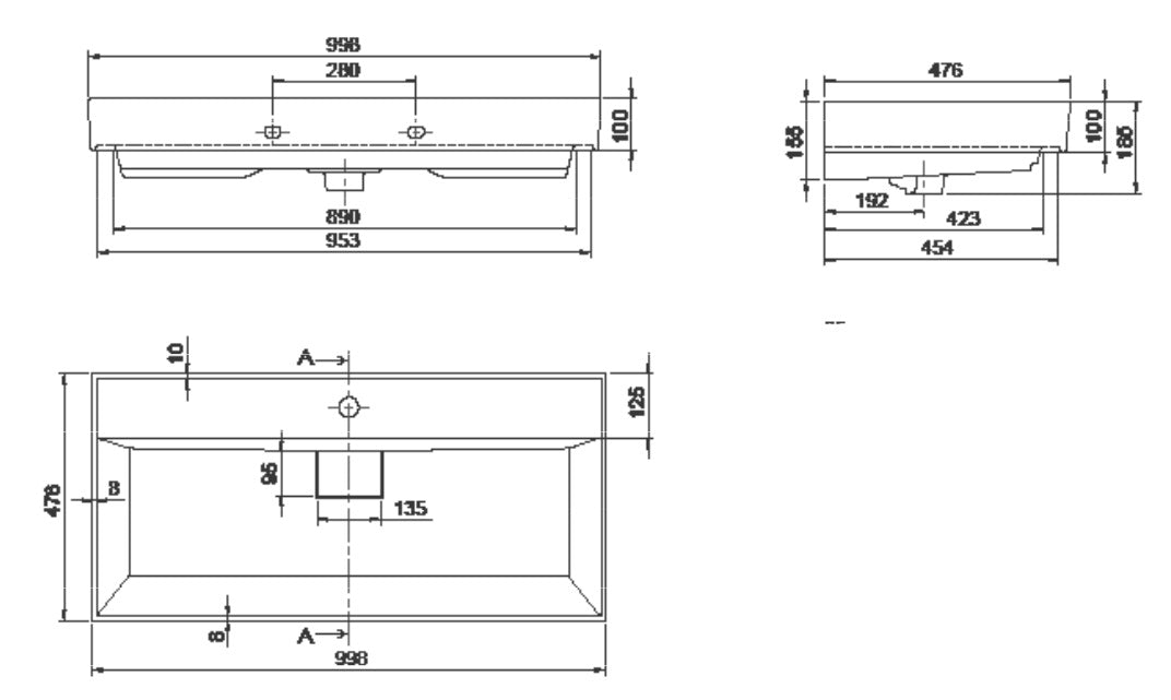 Мивка Sharp 100х48 см. технически чертеж с размери за монтаж, онлайн магазин KERANOVA, мебелна и стенна инсталация, произход Турция