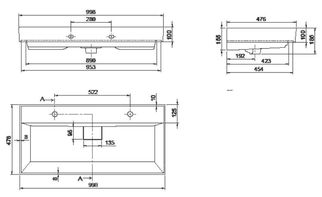 Мивка Sharp 100х48 см. – схема с размери и отвори за 2 батерии, монтаж върху мебел или стена, KERANOVA онлайн магазин