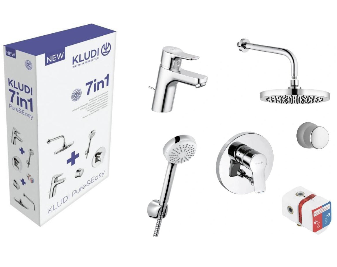 Комплект смесители Kludi Pure&Easy Chrome – хромирани 7в1 смесители за баня, мивка, вграден душ и душ слушалка, онлайн магазин KERANOVA
