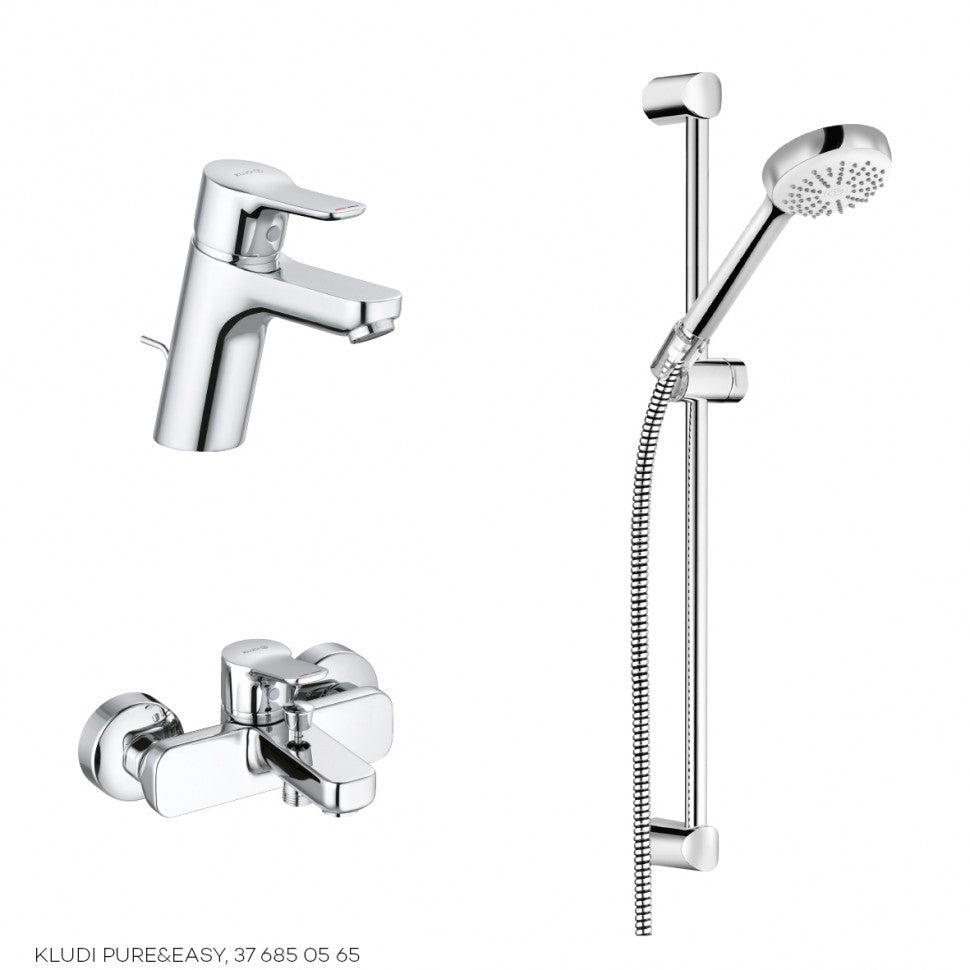 Комплект смесители Kludi Pure&Easy Chrome - хромиран комплект за баня от KERANOVA, стоящ смесител, стенен ванo-душ и ръчен душ