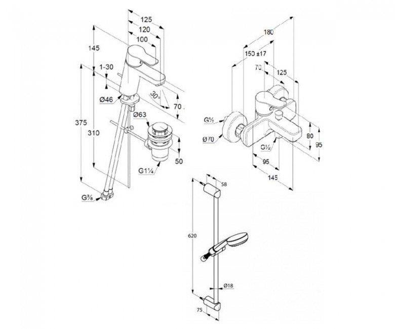 Комплект смесители Kludi Pure&Easy Chrome - технически чертежи и размери за стоящ и стенен смесител, онлайн магазин за обзавеждане за бани KERANOVA