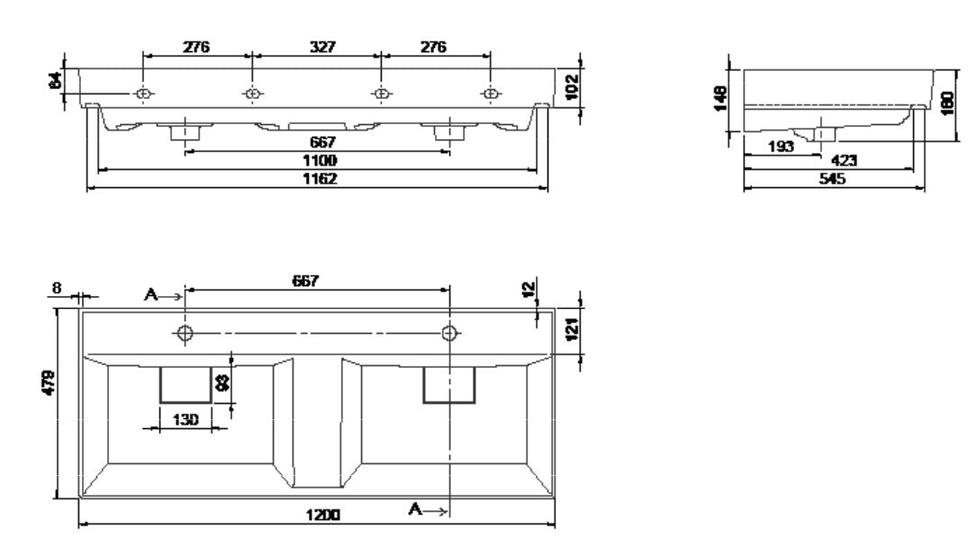 Мивка Sharp 120х48 см. – технически чертеж, двойно корито, два отвора за батерии, монтаж върху мебел или стена, онлайн магазин KERANOVA