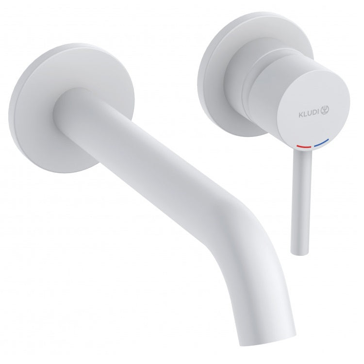 Стенен смесител за мивка Kludi Bozz Matt White бял мат, дължина чучура 23 см, масивна ръкохватка, онлайн магазин KERANOVA