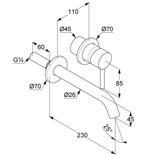 Стенен смесител за мивка Kludi Bozz Chrome - технически размери, хромово покритие, дължина чучур 23 см, за онлайн магазин KERANOVA