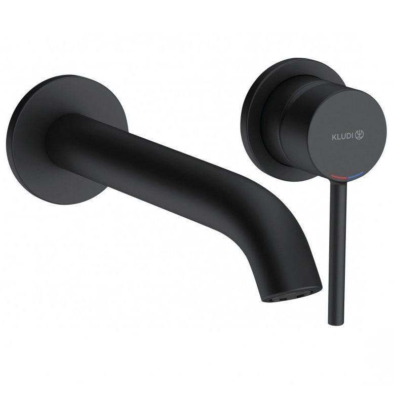 Стенен смесител за мивка Kludi Bozz Matt Black - черен мат вграден смесител с чучур 23 см, масивна ръкохватка, онлайн магазин KERANOVA