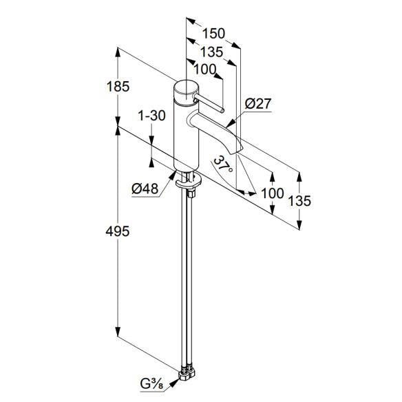 Смесител за мивка Kludi Bozz Matt White бял мат, технически чертеж с размери и монтажни данни - KERANOVA онлайн магазин