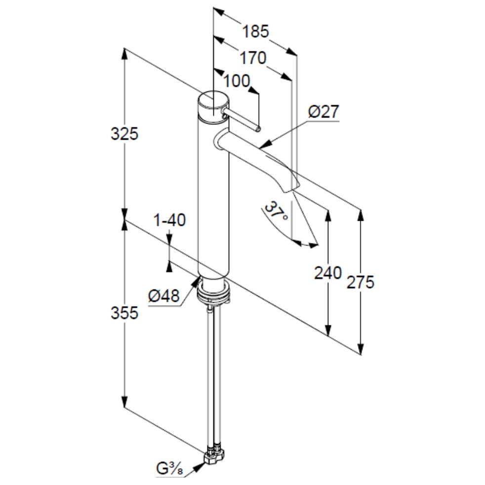 Висок смесител за мивка Kludi Bozz Brushed Gold - технически размери и схема, четкано злато, височина до чучура 240 мм, KERANOVA