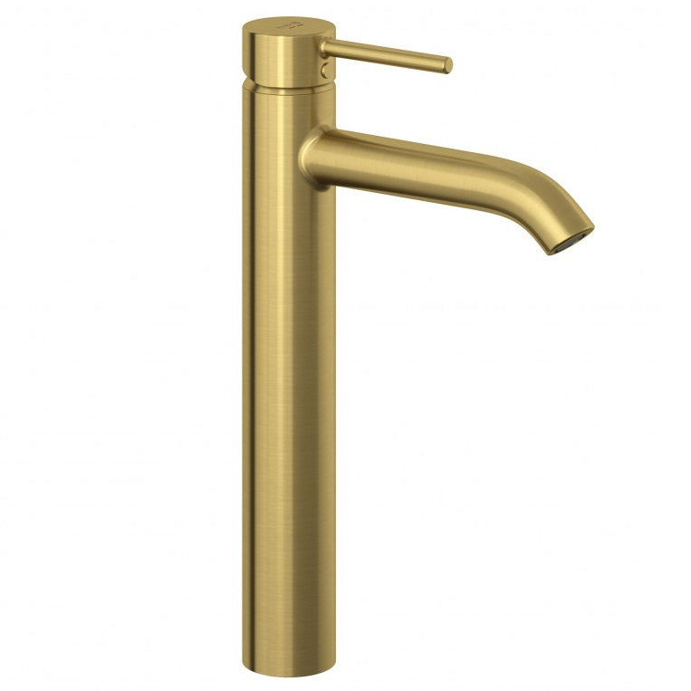 Висок смесител за мивка Kludi Bozz Brushed Gold - четкано злато, 240 мм до чучура, керамичен механизъм, KERANOVA онлайн магазин