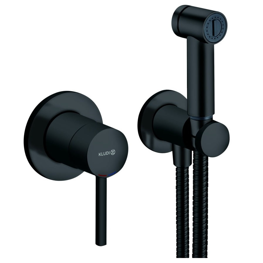 Смесител с хигиенен душ Kludi Bozz Matt Black – черен мат вграден комплект за баня, онлайн магазин за обзавеждане за бани KERANOVA