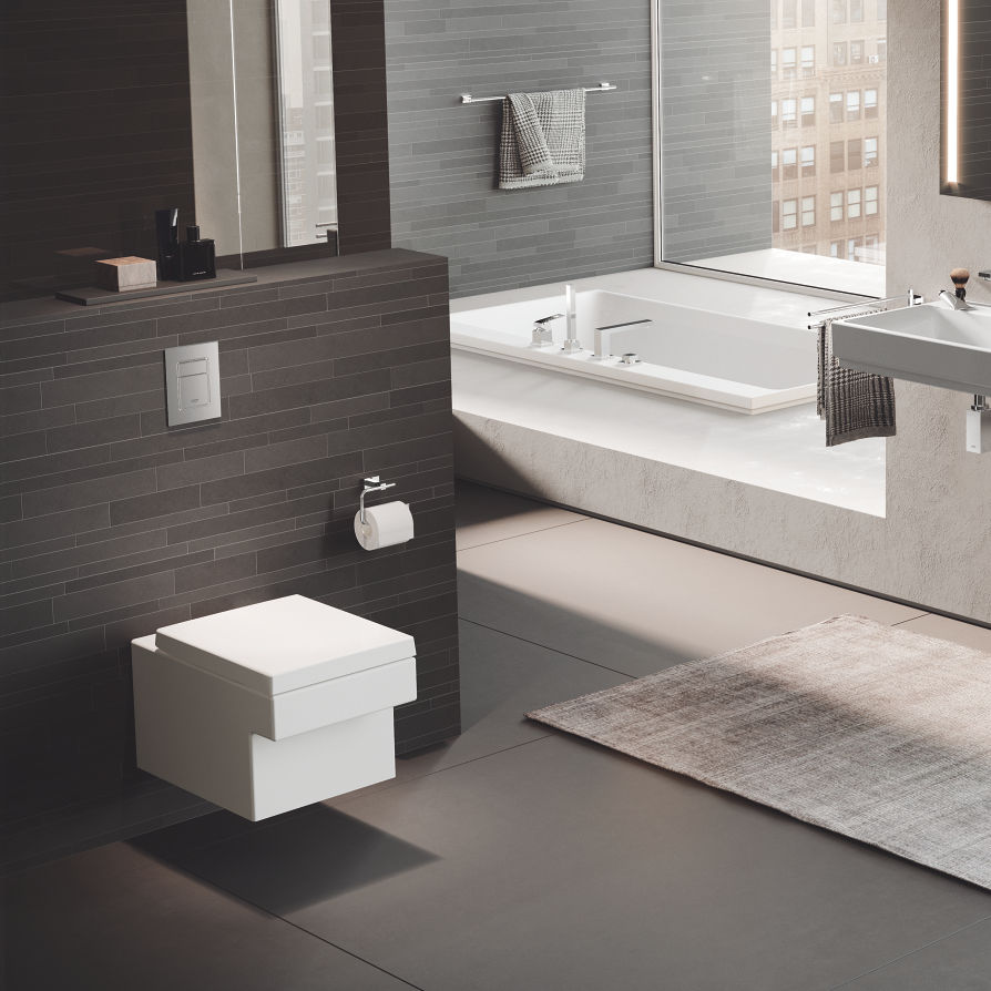 Rimless конзолна тоалетна Cube Ceramic - Grohe в модерен банен интериор, без ръб и скрит монтаж - KERANOVA онлайн магазин