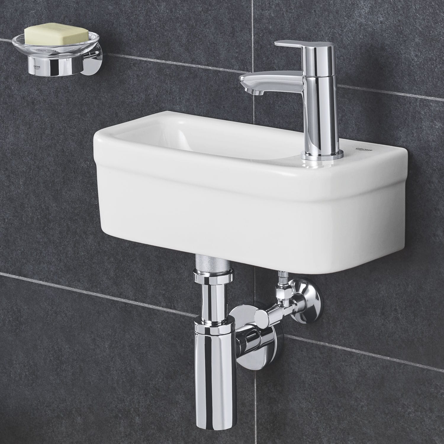 Мивка Euro Ceramic 37х18 см. компактна бяла мивка за тоалетна с отвор вдясно, Grohe Pureguard, онлайн магазин KERANOVA