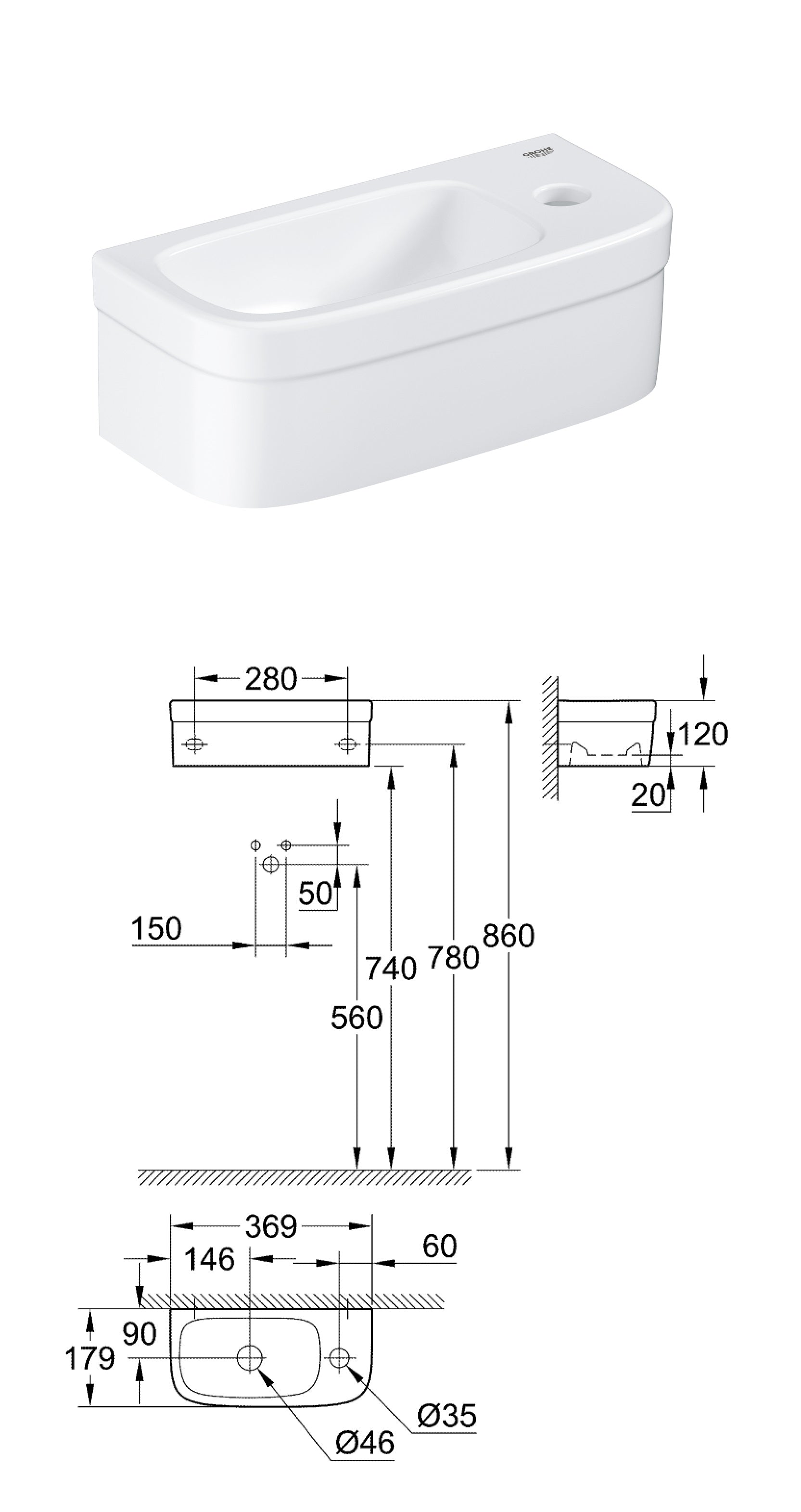 Мивка Euro Ceramic 37х18 см. бяла компактна с отвор в дясно, Grohe Pureguard антибактериално покритие - KERANOVA онлайн магазин