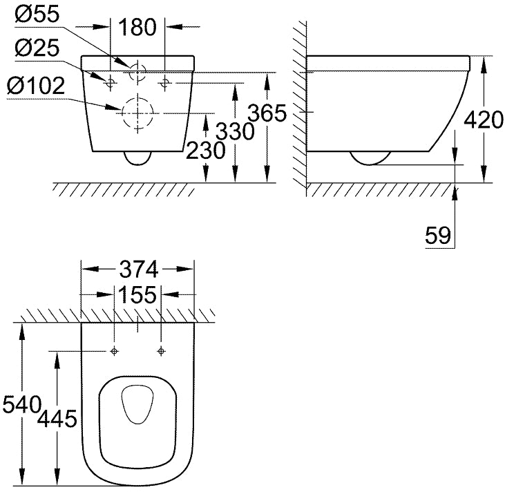 Rimless конзолна тоалетна 54 см. Euro Ceramic - технически чертеж с размери и монтажни отвори за онлайн магазин KERANOVA
