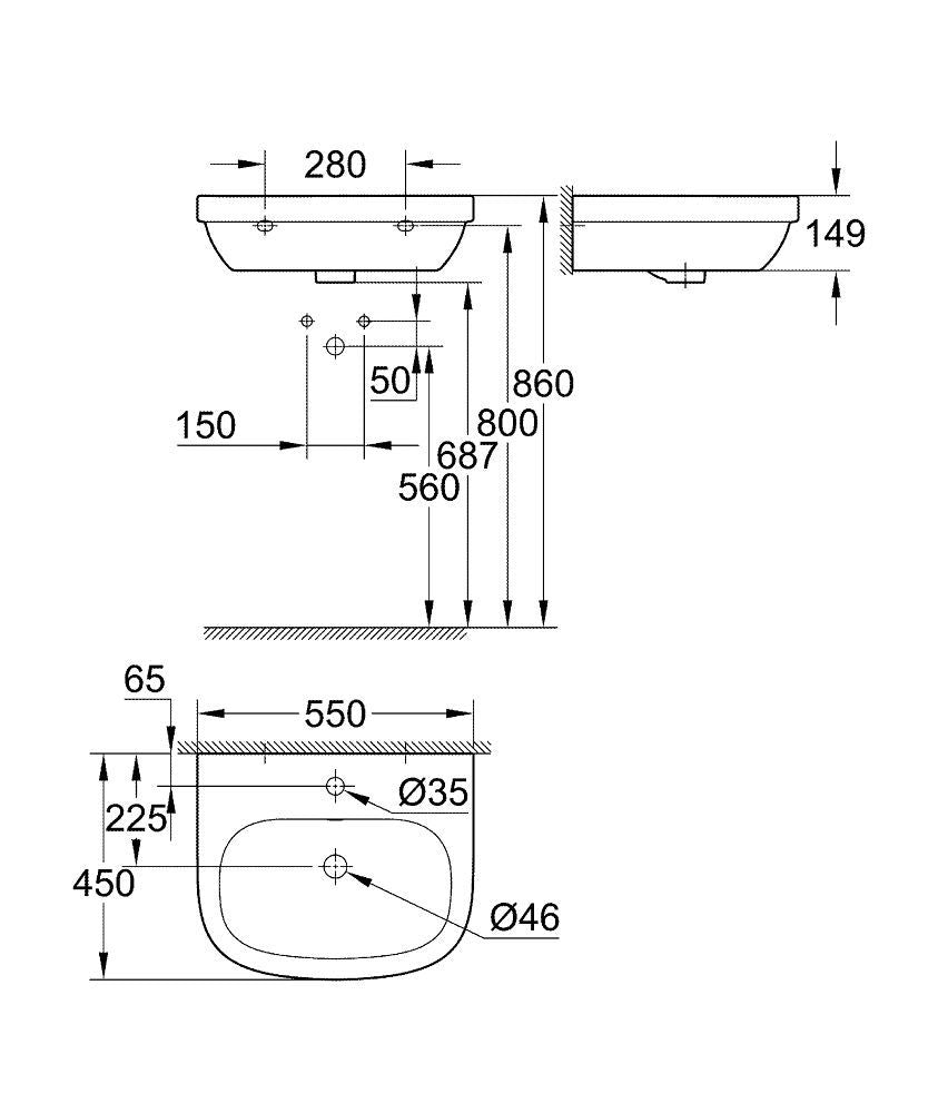 Мивка Euro Ceramic 55х45 см. – технически чертеж с размери и отвор за смесител, онлайн магазин за обзавеждане за бани KERANOVA