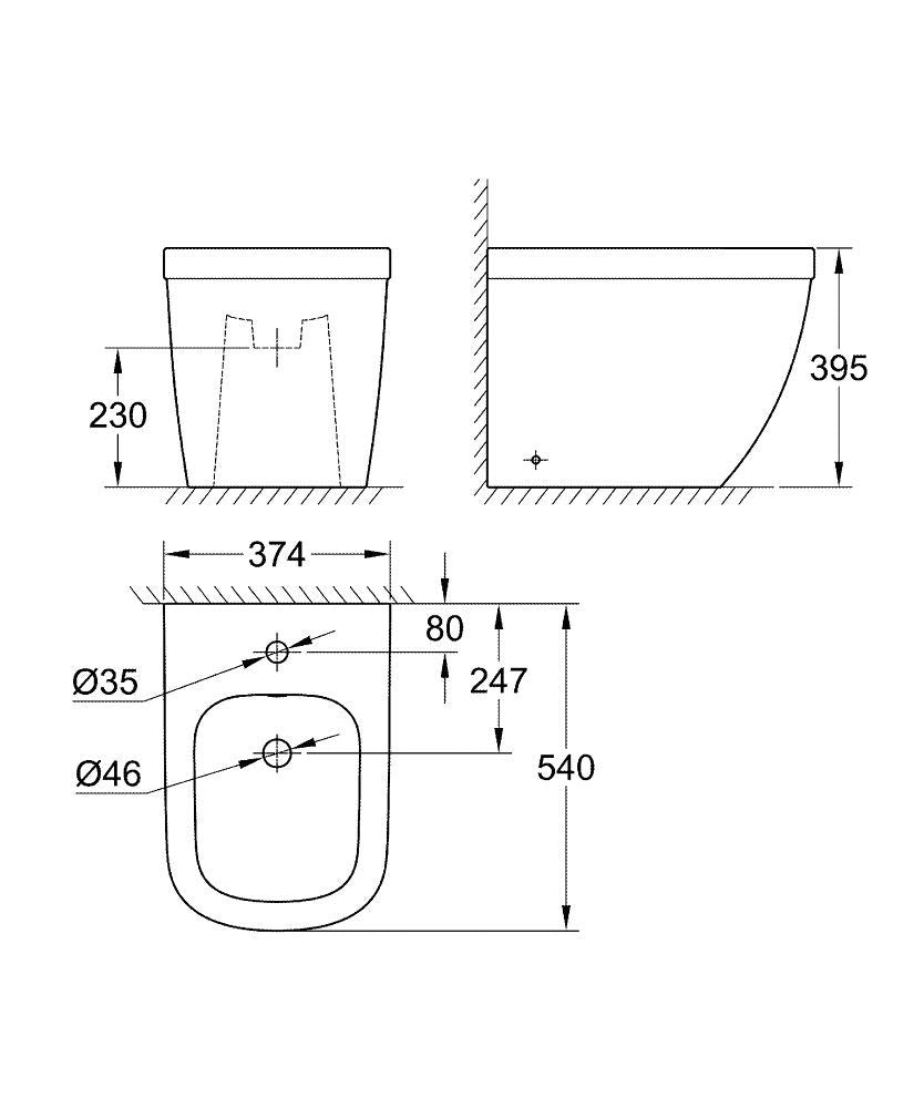 Стоящо биде Euro Ceramic - Grohe за баня, технически чертеж с размери, онлайн магазин KERANOVA