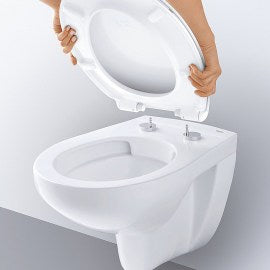 Rimless конзолна тоалетна Bau Ceramic - Grohe, овална висяща чиния 53,1x37 см, бърз демонтаж капак, онлайн магазин KERANOVA