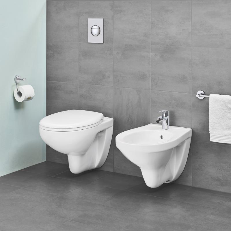 Rimless конзолна тоалетна Bau Ceramic - Grohe висища овална чиния и биде, стандартен и плавно падащ капак, дизайн KERANOVA онлайн магазин