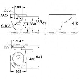 Rimless конзолна тоалетна Bau Ceramic - Grohe технически чертеж с размери 53,1x37 см за онлайн магазин KERANOVA
