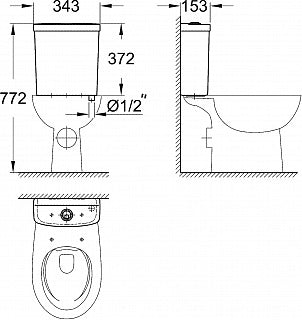 Моноблок Bau Ceramic - Grohe технически чертеж с размери и монтажни отвори, онлайн магазин KERANOVA