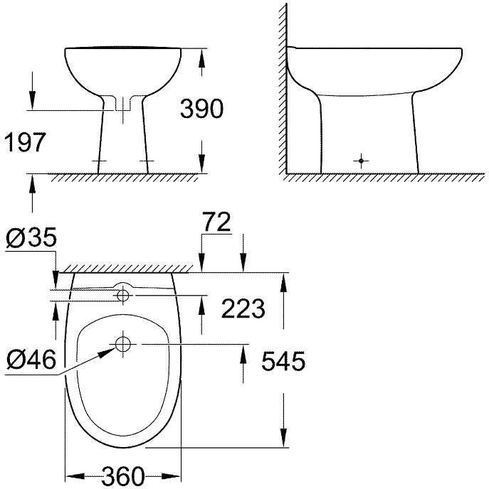 Стоящо биде Bau Ceramic - Grohe монтаж на пода 39432000 снимка с размери и технически чертеж KERANOVA онлайн магазин за обзавеждане