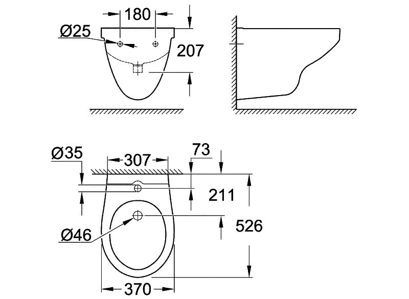 Конзолно биде Bau Ceramic - Grohe за стенен монтаж 39433000 с технически размери и схеми - онлайн магазин KERANOVA