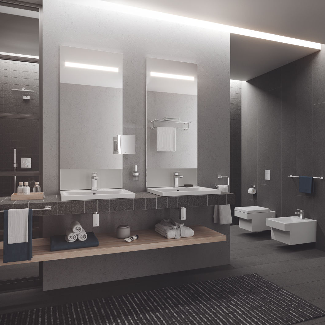 Мивка за вграждане Cube Ceramic 60 см. - Grohe в модерен банен интериор с двойни мивки и Grohe Pureguard покритие - KERANOVA
