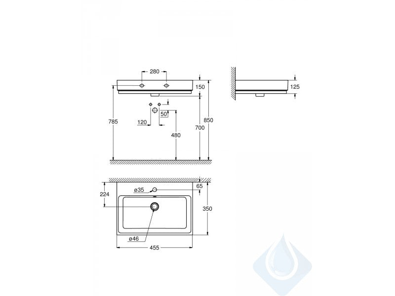 Стенна мивка Cube Ceramic 45х35 см. - Grohe, технически чертеж с размери и разстояния за монтаж, онлайн магазин KERANOVA
