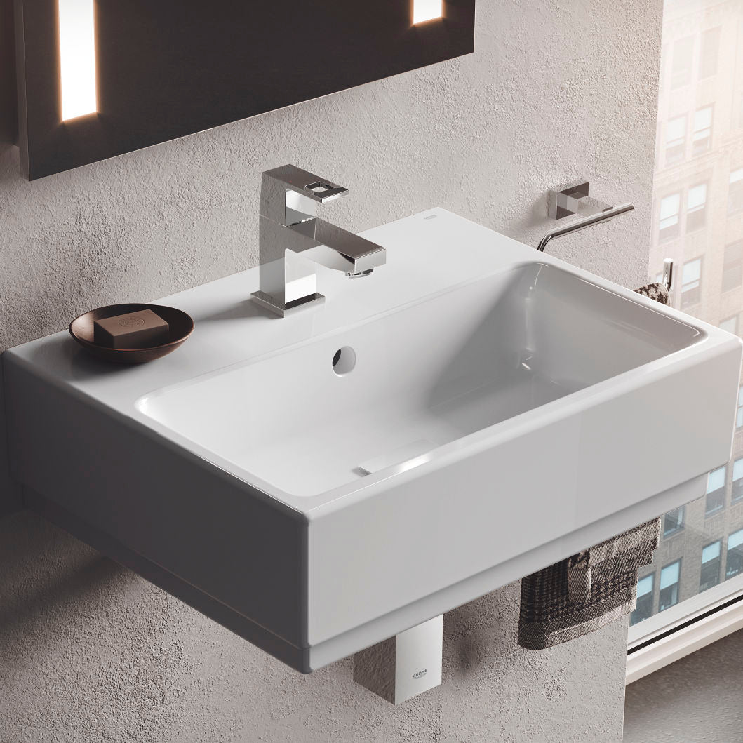 Стенна мивка Cube Ceramic 45х35 см. - Grohe, бяла порцеланова мивка с отвор за смесител и Grohe Pureguard за онлайн магазин KERANOVA