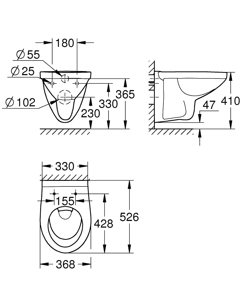 Конзолна тоалетна Grohe Bau Ceramic технически чертеж с размери 52.6x36.8 см за онлайн магазин KERANOVA