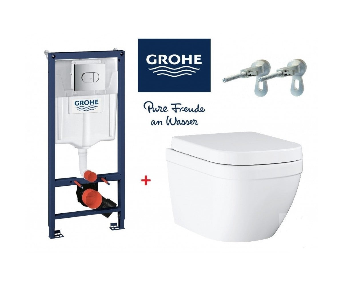 ПРОМО ПАКЕТ GROHE SOLIDO Rimless 4 - структура за вграждане, конзолна тоалетна чиния с капак, крепежни елементи KERANOVA