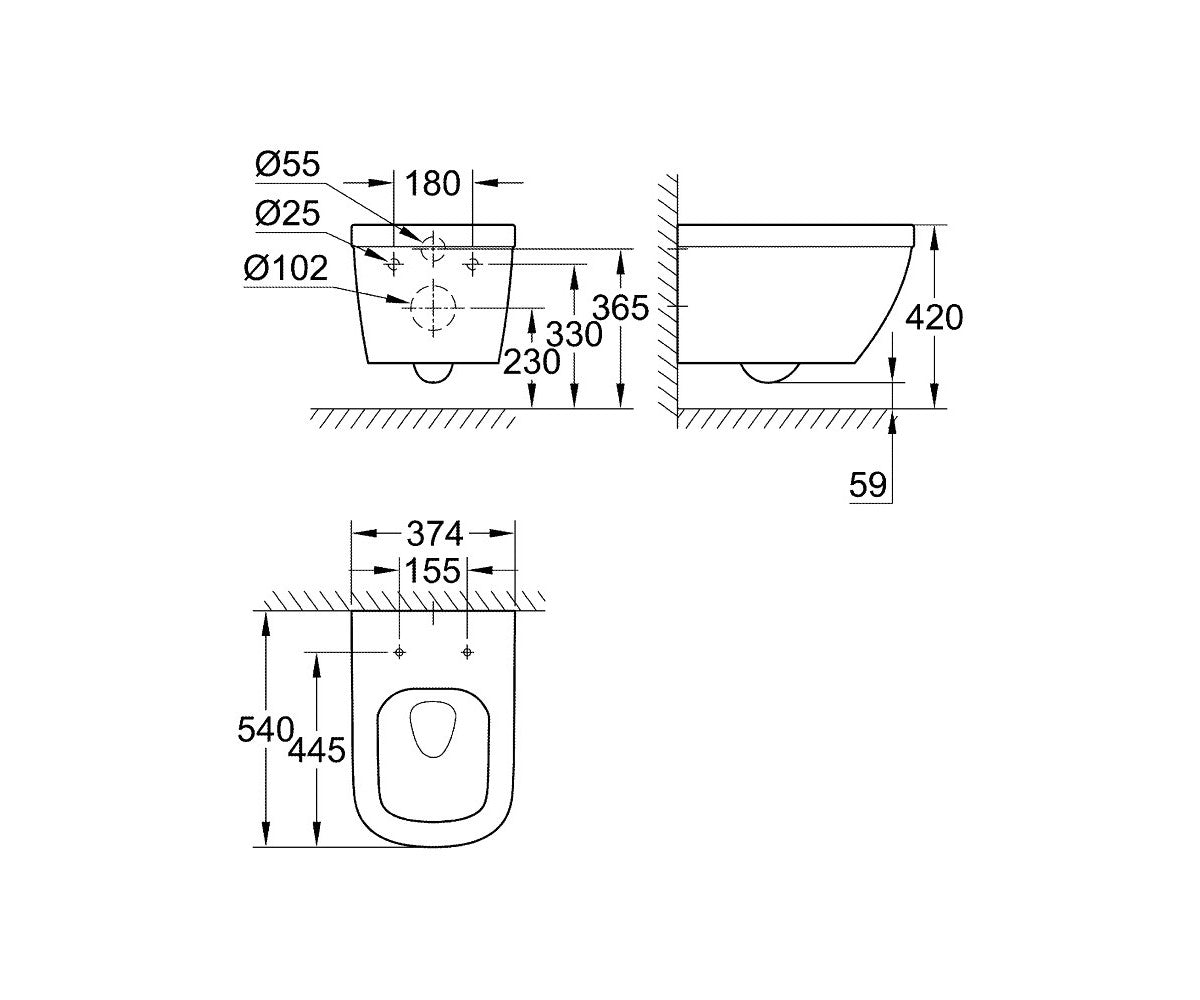 ПРОМО ПАКЕТ GROHE SOLIDO Rimless 4 - технически чертеж с размери на конзолна тоалетна чиния за онлайн магазин KERANOVA