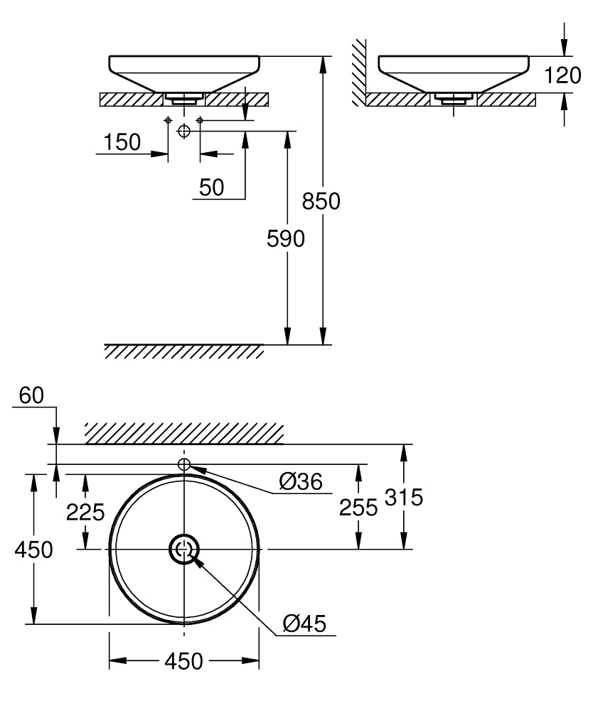 Мивка за плот Grohe Airio Ф45 см. - технически чертеж с размери Ø45 450 mm, монтажни отвори Ø36, височини 120/850/590 мм, KERANOVA онлайн магазин
