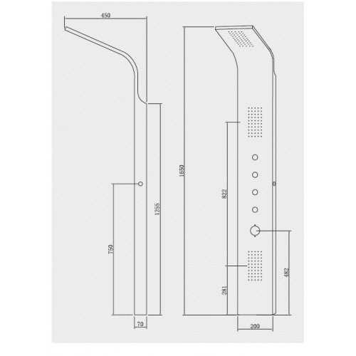 Хидромасажен душ панел 9901 от неръждаема стомана AISI 304, размери 165x20 см, схематичен технически план — KERANOVA онлайн магазин