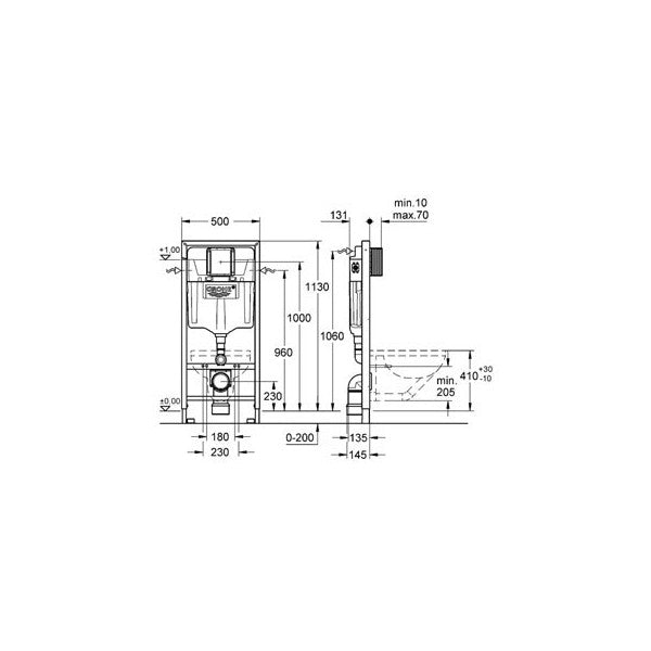 Промо пакет Bocchi Quadro Black Matt и Grohe с черен мат бутон - технически чертеж вградена структура и конзолна тоалетна за онлайн магазин KERANOVA