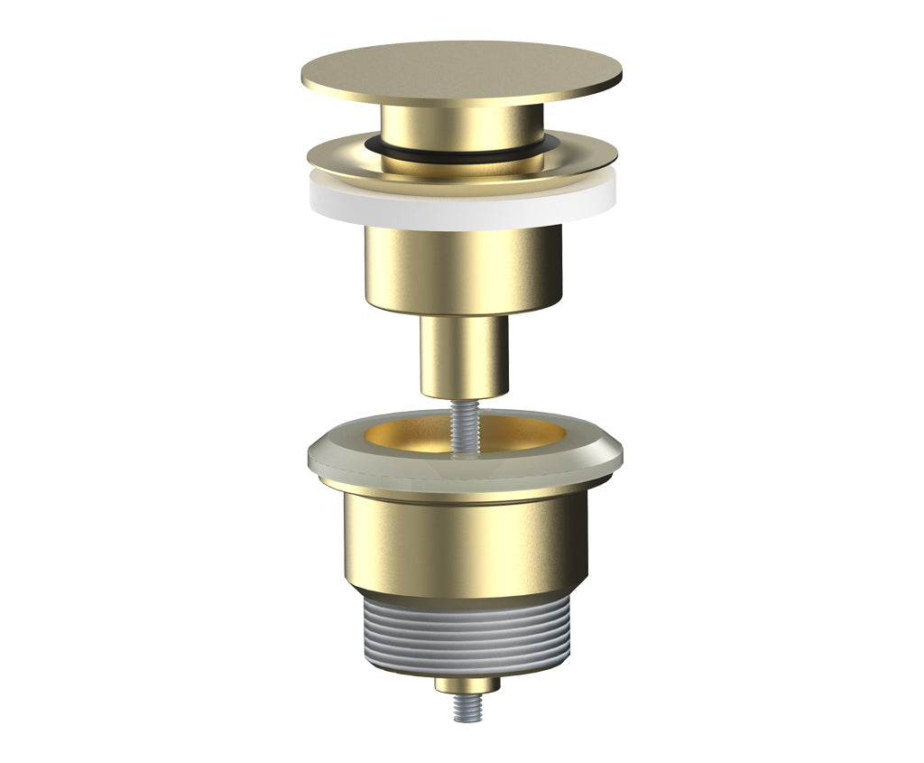 Стенен смесител за мивка Alpha Two Brushed Gold - Aquagrif, детайл на четкано златно изпразнително тяло за онлайн магазин KERANOVA