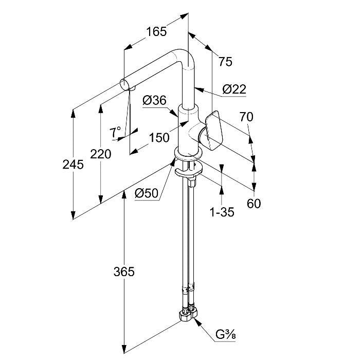 Смесител за мивка Kludi Pure&Style Chrome - технически чертеж с размери, височина до чучура 220 мм, керамичен механизъм, монтаж KERANOVA
