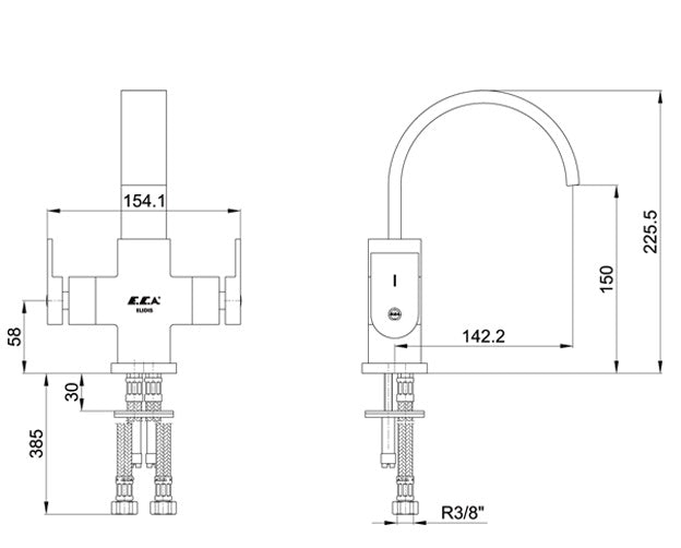 Смесител за умивалник - серия ELIDIS, дизайнерски план с размери и монтажни детайли за онлайн магазин KERANOVA