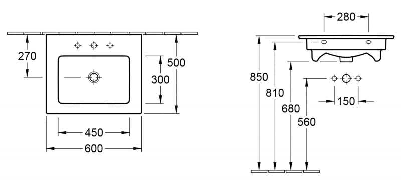 Мебелна мивка Venticello 60x50 - Villeroy & Boch монтажна схема с размери 600x500 мм, отвор за смесител и преливник, CeramicPlus, KERANOVA